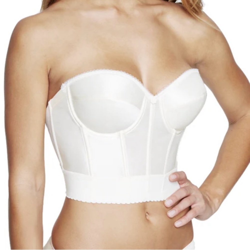 Dominique Noemi Style 6377 white strapless bridal low back longline Size 42D.